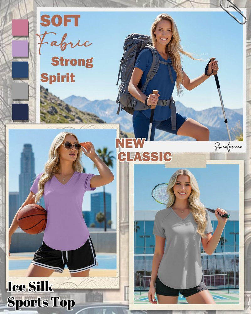Sweetyweee 5 Pack Women Workout T-Shirts Quick Dry UPF 50+ Sun Protection Yoga Gym V Neck Raglan Tops Side Slits Curved Hem(Navy Blue, Light Gray, Denim Blue, Purple, Pink,X-Large)