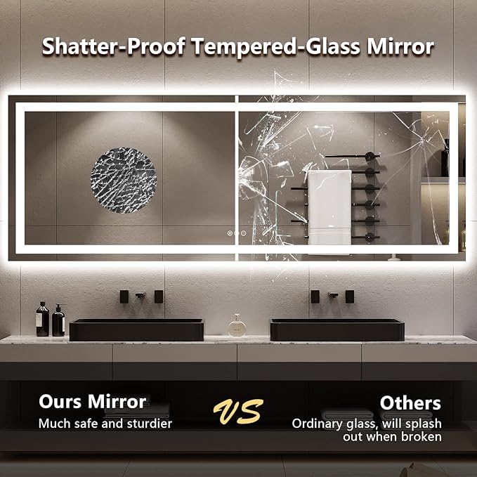 YEELAIT 96x36 Inch LED Bathroom Mirror with Lights Front and Backlit Lighted Vanity Mirror for Bathroom Wall with 3 Colors Dimmable Anti-Fog Memory Shatter-Proof IP54 Waterproof Horizontal/Vertical