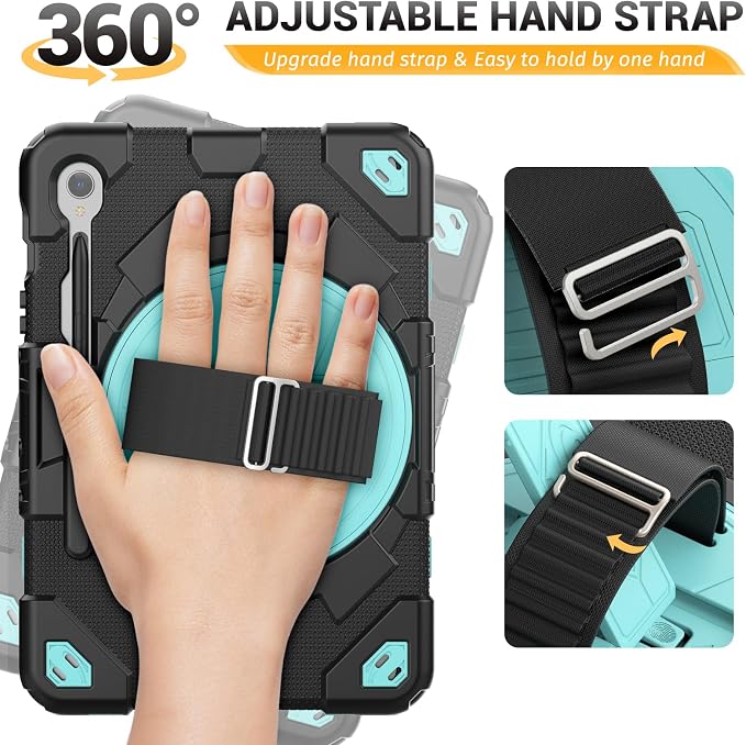 HXCASEAC Case for Samsung Galaxy Tab S10+ Plus / S9 Fe+ / S9+ 5G 12.4 inch Protective with Screen Protector/S Pen Holder/ 360 Rotating Stand Hand Strap - Black