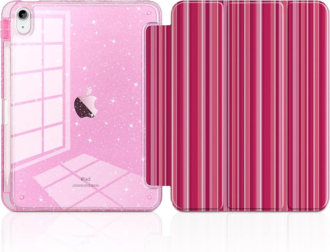 MEEgoodo Case for iPad A16 11th Generation 2025/10th Generation 2022 Glitter Tablet Cases with Transparent Acrylic Back+Trifold Stand +Pencil Holder+Auto Wake/SleepAbstract Sun &amp Palm Tree