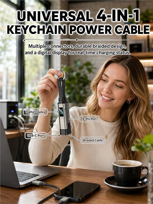 4-in-1 Charging Cable with Digital Display &amp Keychain – Fast-Charging Kink-Resistant &amp Compact Short Multi-Interface Braideds Fast Charging Lanyard Cord for Laptop Phone (Black)