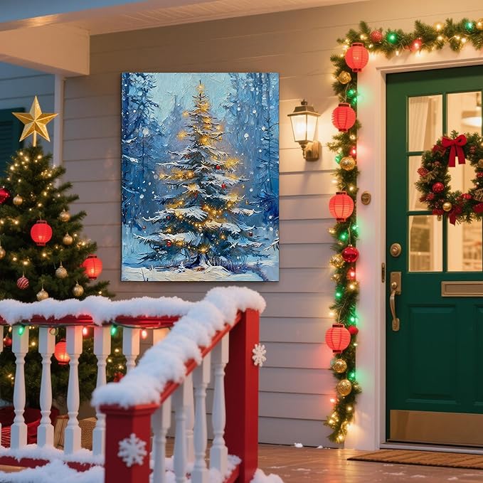 Framed Christmas Pictures Wall Decor,Vintage Pine Tree Prints,Winter Christmas Canvas Wall Art Decoration for Bedroom Bathroom Living Room Rustic Xmas Holiday Gifts (Christmas Tree 1, 24'' X 36'')