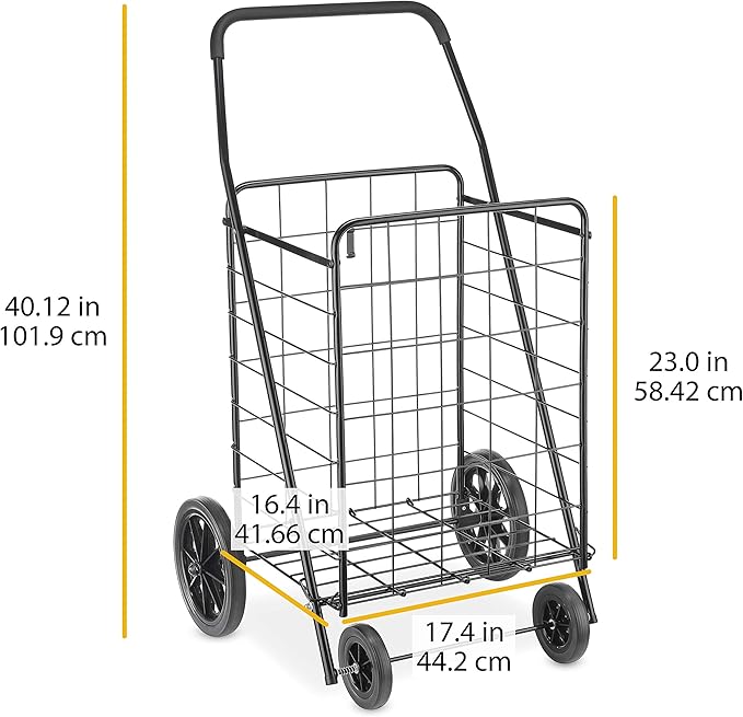 Whitmor Extra Large Utility Foldable Shopping Cart with Wheels, 100 Lb Capacity, Heavy Duty Grocery Cart with Steel Frame, Foam Handle, Rolling Collapsible Utility Trolley for Grocery, Laundry, Black