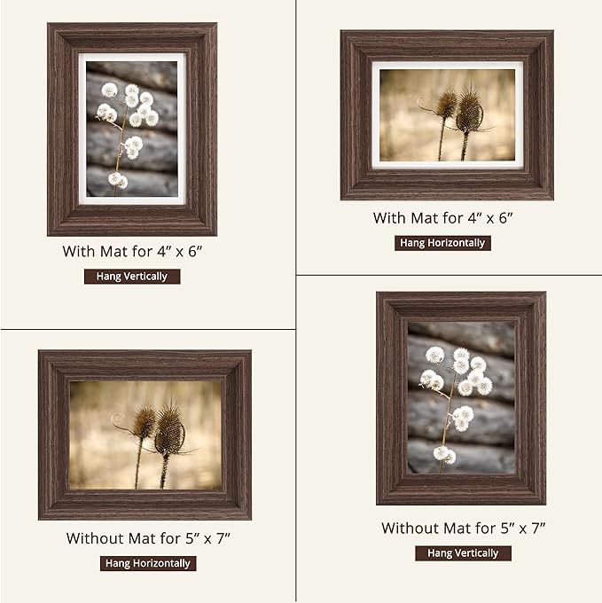 GraduationMall 5x7 Wooden Picture Frames,Display Photos 4x6 with Mat or 5x7 Without Mat,Real Glass,Wall or Tabletop Display,Rustic Brown Set of 2