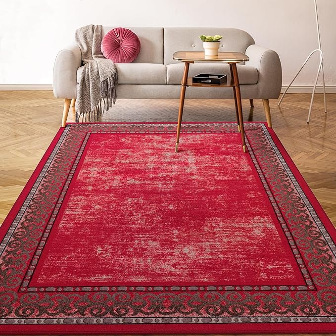 Antep Rugs Alfombras Bordered Modern 4x6 Non-Slip (Non-Skid) Low Pile Rubber Backing Indoor Area Rug (Red, 4' x 5'8")