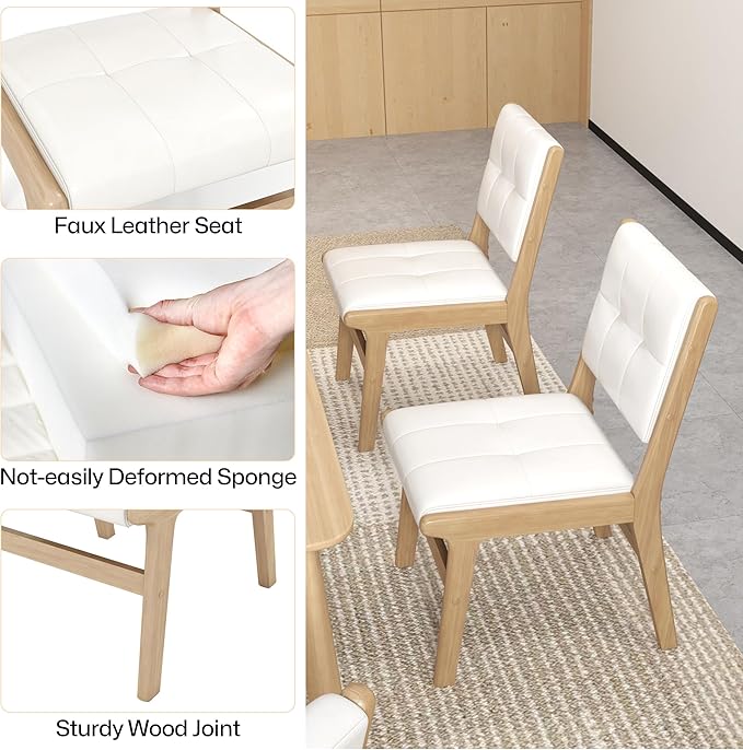 KCC Modern PU Leather Dining Chairs Set of 4, Upholstered Kitchen Chairs with Solid Wood Legs and Comfortable Seat for Dining Room/Lounge/Bedroom(White)