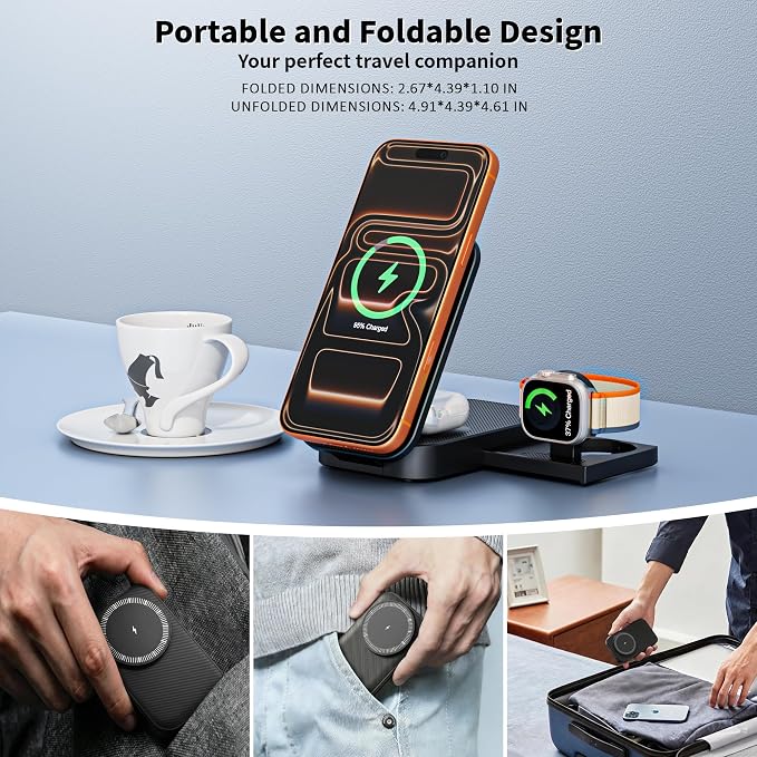 3 in 1 Wireless Charger Stand 25W Foldable Wireless Charging Station for Apple Multiple Devices Fast Magnetic Charger with 6FT USB C Cable for iPhone 17 16 15 14 13 12 Series/Apple Watch/AirPods Pro