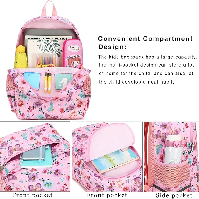 DSIUE Kids Backpack for Girls Elementary BookBags Teens Middle School Backpack with Lunch Box Butterfly Pink