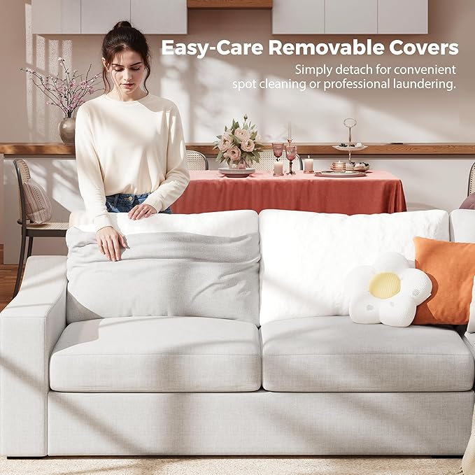 ABCASA L Shaped Sofa Couch with Wide Armrest for Living Room,Removable Cushion Cover, Modern Premium Linen 3 Seater Sofas for Small Space, Office, Apartment, Ivory