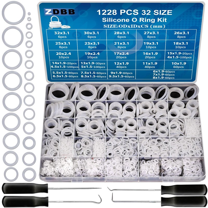 ZDBB 32 Size 1228 PCS Silicone O-Ring Kit, White Oil and Heat Resistant VMQ Seal O-Ring Washer Set for Sealing Faucets and Plumbing with Hook and Pick