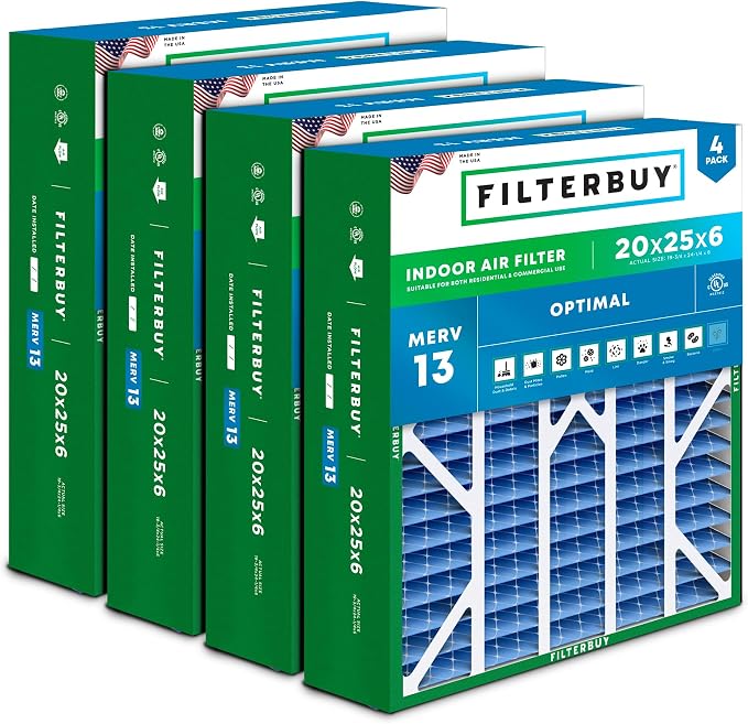 Filterbuy 20x25x6 Air Filter MERV 13 Optimal Smoke & Allergy Defense, Pleated