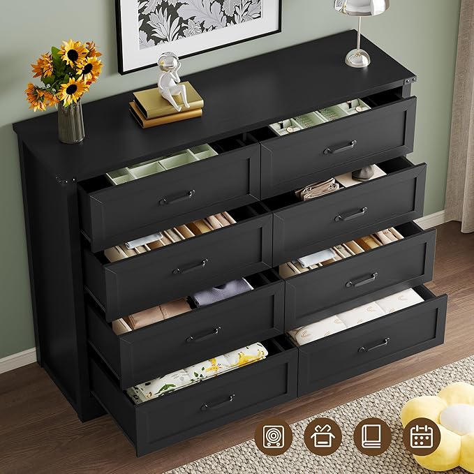8-Drawer Dresser for Bedroom, Modern Wooden Chest of Drawers with Metal Handles, Anti-Tipping Design, Sturdy and Stable Storage Organizer for Living Room, Entryway, Home Office, Standard