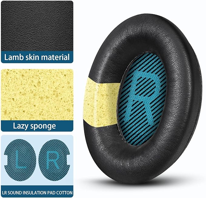 Headphones Replacement Ear Pads, Sheepskin Ear Cushions for Bose AE2/QuietComfort 15/QC25 Improved Durability, Ear Pads Cushions with High-Density Foam, Thickness and Sound Isolation -Black