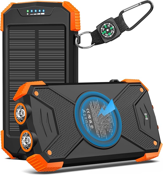 BLAVOR Solar Power Bank 10000mAh Portable Wireless Charger 20W Fast Charging External Battery Pack with USB C for Cell Phones Solar Panel Charging with Dual Flashlight for Camping