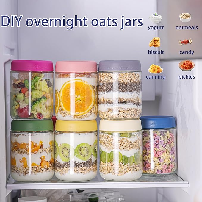 16 OZ 4Pack, Overnight Oats Jars with Lids, Glass Meal Prep Containers, Airtight Mason Jars for Breakfast, Yogurt Parfait, Salad & Smoothies, Leakproof and Reusable Food Storage Jars(4-2)