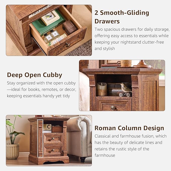 Farmhouse Nightstand with Charging Station, 18" End Table with 2 Drawers Storage and 1 Storage Shelf, Wooden Sofa Table w/Roman Column, , Bedside Cabinet for Bedroom, Living Room, Reclaimed Barnwood