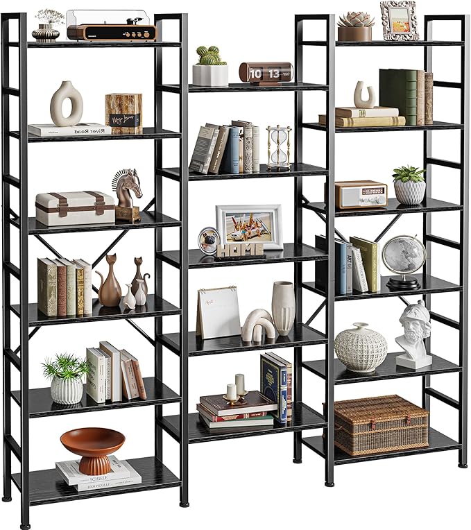 SUPERJARE Triple 6 Tier Bookshelf, Bookcase with 17 Open Display Shelves, Wide Book Shelf Book Case for Home & Office, Black