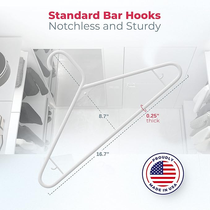 Neaties Plastic Hangers 30 Pack – Made in the USA – 6lb Capacity Standard Clothes Hangers with Strap Hooks for Dresses, Lingerie, Shirts, Pants, and Jackets – White & Blue