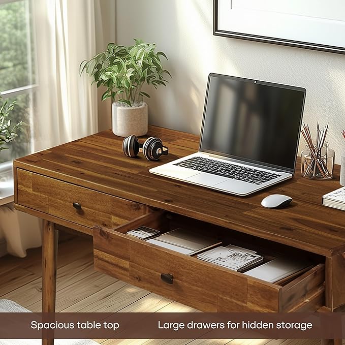 Acacia Lagom 48" Solid Wood Work Desk with Drawers, Home Office Desk Office Furniture, Work Table for Home Office, Scandinavian Style Wood Work Desk for Home Office, Walnut