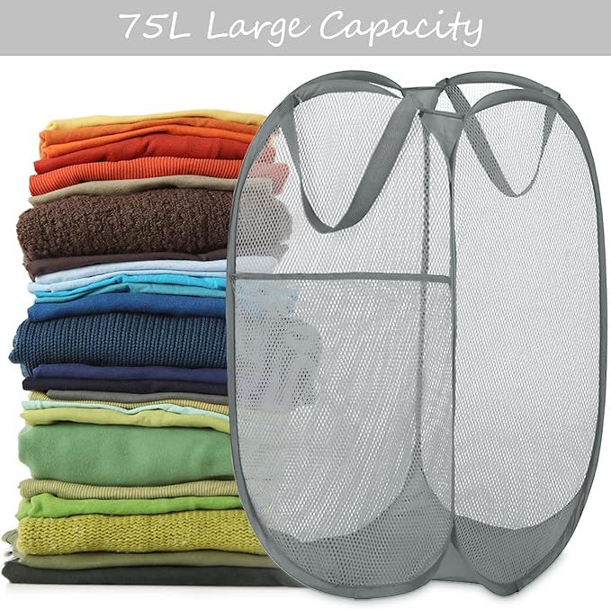 Deluxe Strong Mesh Pop up Laundry Hamper Basket with Side Pocket for Laundry Room, Bathroom, Kids Room, College Dorm or Travel Grey