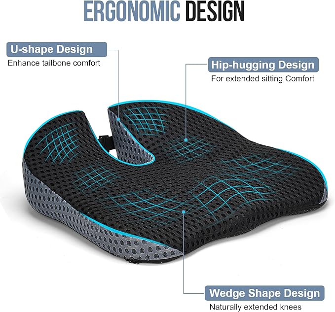 Car Seat Cushion, Memory Foam Car Wedge Seat Cushion for Driving, Height Booster & Posture Support, 4D Mesh Seat Pad with Adjustable Straps (Deep Black)