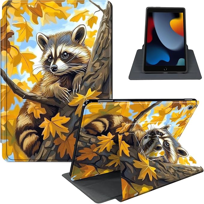 for iPad 11th Generation (A16 2025) 11 / iPad 10th Gen 10.9 2022 Case 360° Rotating PU Leather Stand Cover with Auto Sleep/Wake Shockproof TPU Backl Raccoon Perched