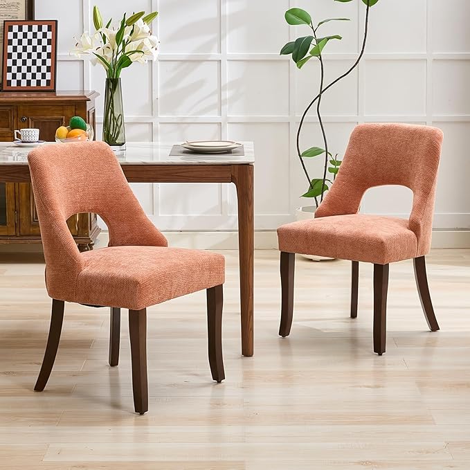UVV Wooden Dining Chairs Set of 6, Mid Century Modern Upholstered Dining Room Chair Kitchen Chairs, Chenille Dinner Chair with Solid Wood Legs for Kitchen Dining Room, Orange-Chenille