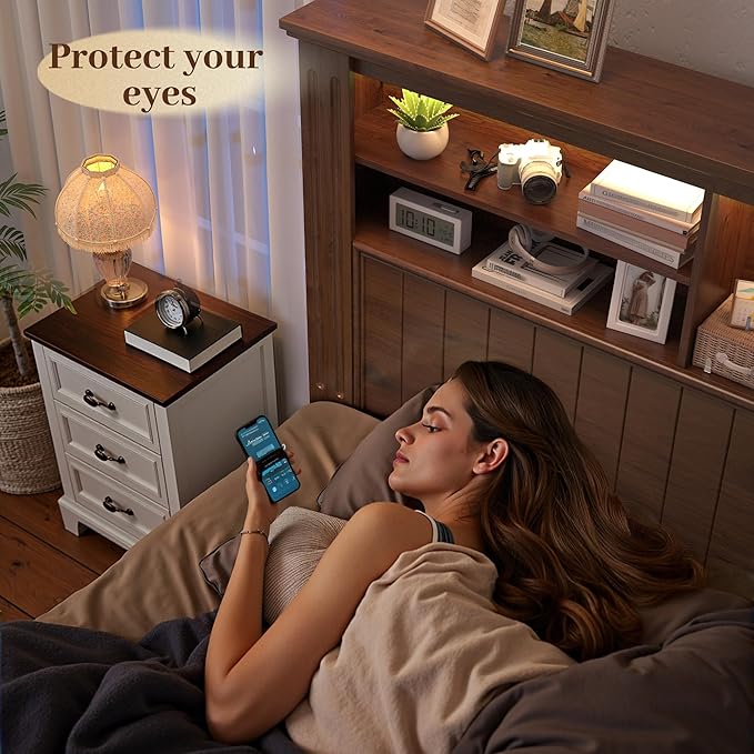 EnHomee King Size Bed Frame with 4 Storage Drawers, King Bed Frame and Headboard with LED Lights & Charging Ports,No Box Spring Needed,NO Noise,Wooden,Brown