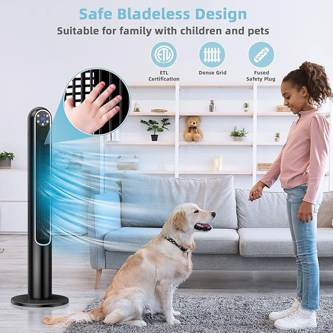 GOFLAME Tower Fan with Remote Control, 42" 80° Oscillating Quiet Cooling Fan with 3 Wind Modes, LED Control Panel and 12H Timer, Portable Bladeless Standing Fan for Bedroom Living Room Office (Black)