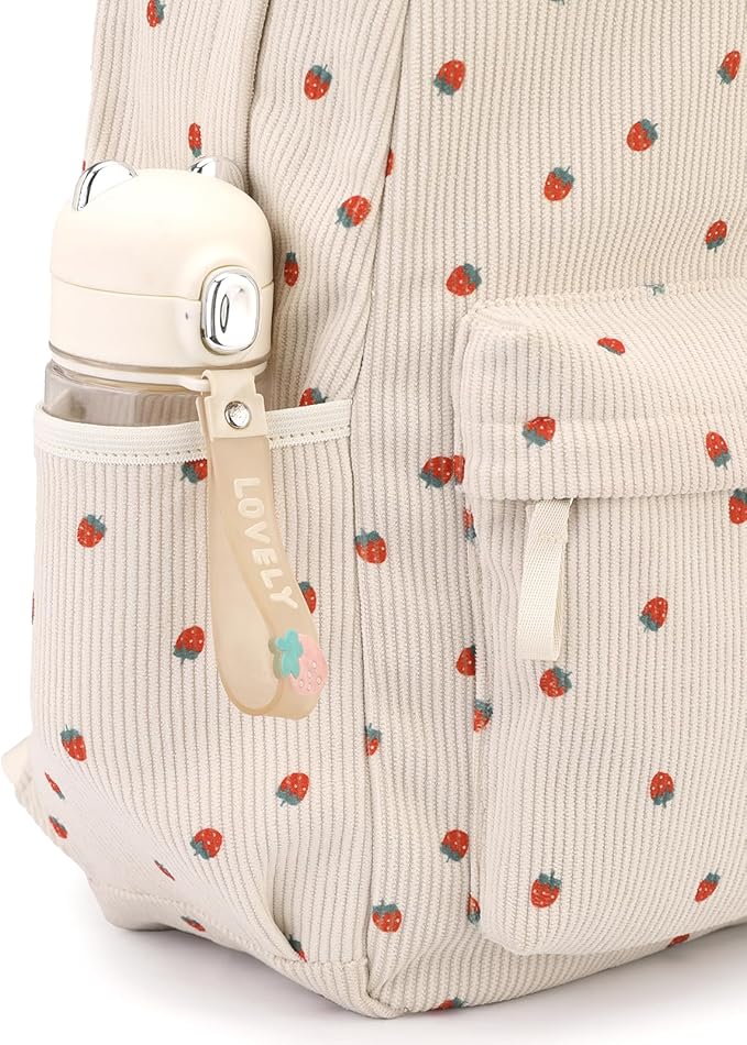 Backpack for Girls Boy Teen Corduroy Bookbags Elementary Middle High School Women Laptop Bag with Lunch Box Pencil Bag (Strawberry Beige)
