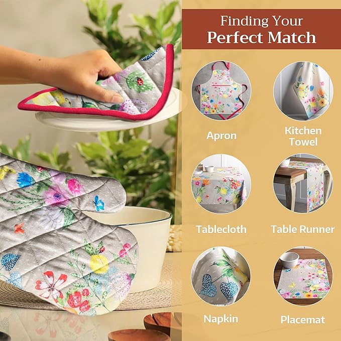 Maison d' Hermine Pot Holders 100% Cotton Heat Resistant Potholders 8" x 8" Hot Pads with Loop BBQ, Cooking, Baking, Grilling, Kitchen, Handling Hot Pans Spring/Summer (Pack of 1, Jardin D'Ete - Fog)