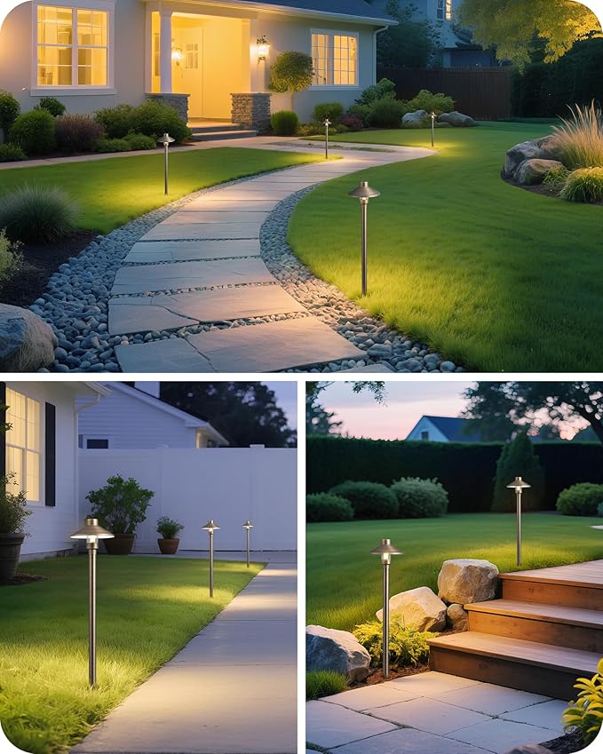 EDISHINE Solid Brass Low Voltage Pathway Lights Wired, 22" Tall 6" Shade, 4Pack Heavy Duty LED Landscape Lighting with G4 Bulb, 12V 350LM 3000K Waterproof Outdoor Landscape Path Light with Large Stake