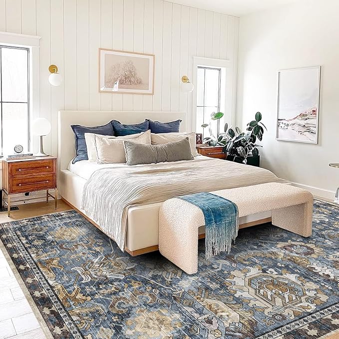 RUGSURE Washable Area Rugs - Perfect for Living Room, Bedroom, Kids Room, Nursery - Stain & Water Resistant Non-Slip, Pet & Child Friendly, Vintage Tribal Area Rugs (Navy, 9' x 12')