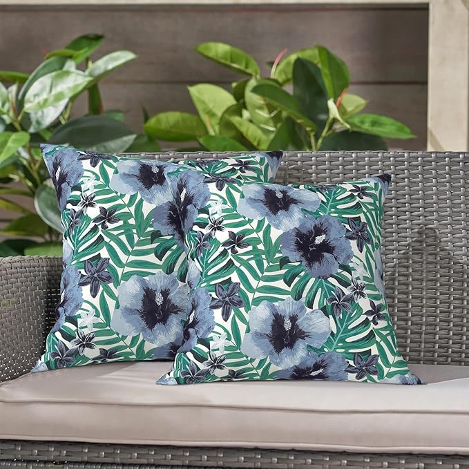 LVTXIII Outdoor Throw Pillows, Decorative Throw Pillows with Inserts, 20"x20" Square Pillows for Bed, Couch, Sofa and Patio Furniture, Set of 2, Blue Salmone Tropical