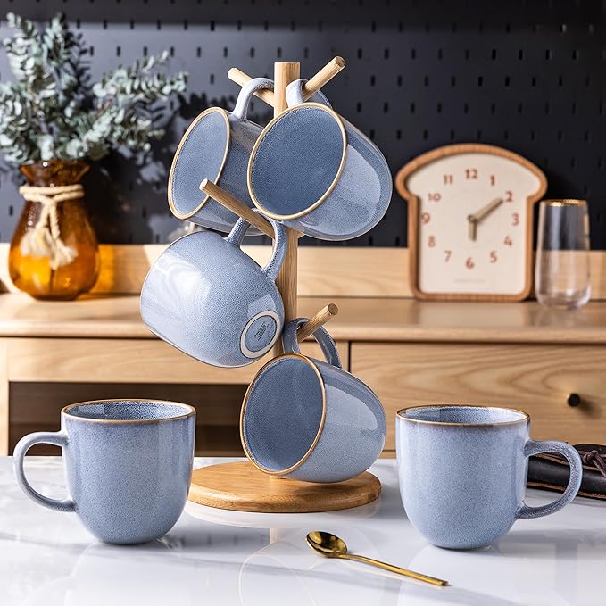 AmorArc 12oz Coffee Mugs, Ceramic Coffee Mugs set of 6 for Man, Woman, Dad, Mom, Modern Coffee Mugs with handle for Latte/Cappuccino/Milk/Cocoa. Dishwasher&Microwave Safe, Blue-Reactive Glaze