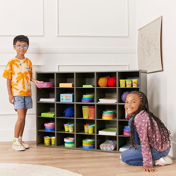 ECR4Kids Streamline 25 Cubby Tray Storage Cabinet, 5x5, Classroom Furniture, Grey Wash
