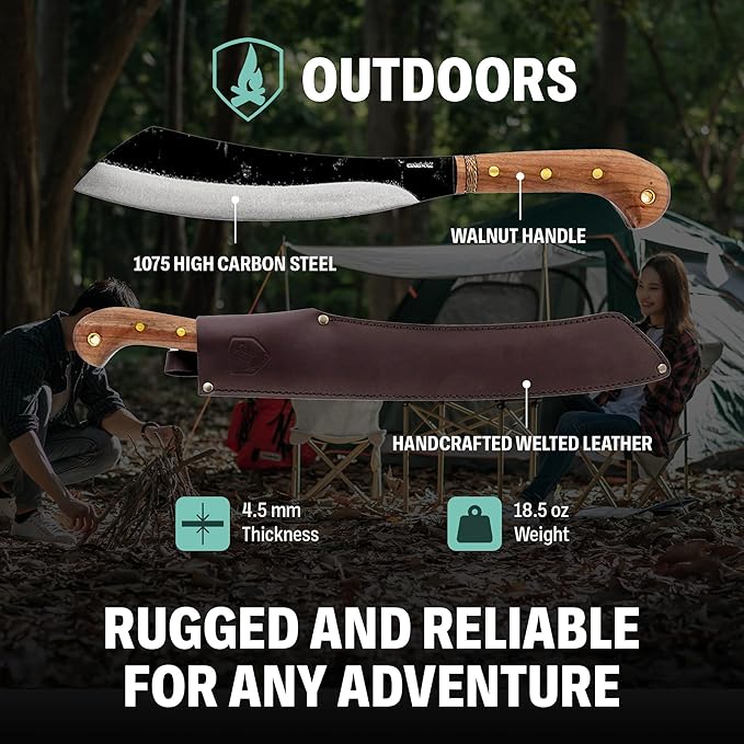 Condor Tool & Knife Mini Duku Heavy Duty Machete with Sheath, Walnut Handle - Hand Crafted Welted Leather Sheath - Camping Machete Knife - 10.5in Blade - 18.5oz