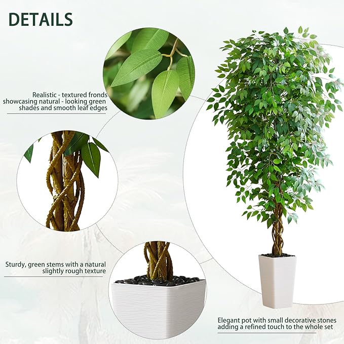 Artificial Ficus Tree 7FT Faux Floor Tree with Planter UV Resistant Potted Fake Silk Plant - Faux Trees Indoor Outdoor Lifelike Fake Ficus Tree for Home, Living Room Bedroom Topiary Tree