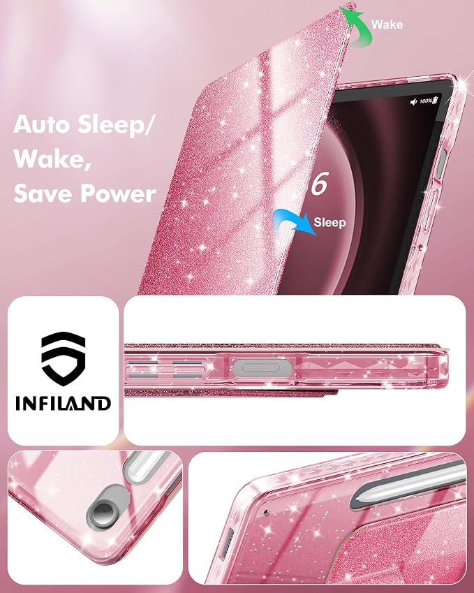 INFILAND Rotating Case for Samsung Galaxy Tab S10 FE/ S9 FE 5G 10.9 Inch/Tab S9 11 Inch 360 Cute Glitter Cover with Clear Back S Pen Holder for Girls Kids Woman (Black)