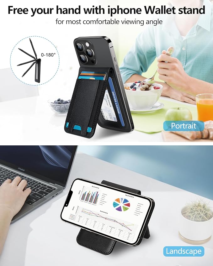 ExtreLife 2-in-1 Magsafe Wallet Adjustable Stand Open ID Window Magnetic Wallet for iPhone 17/16/15/14 Pro Max/14 Pro/14 Plus/13/12 Series 9 Cards Holder Vegan Leather Black