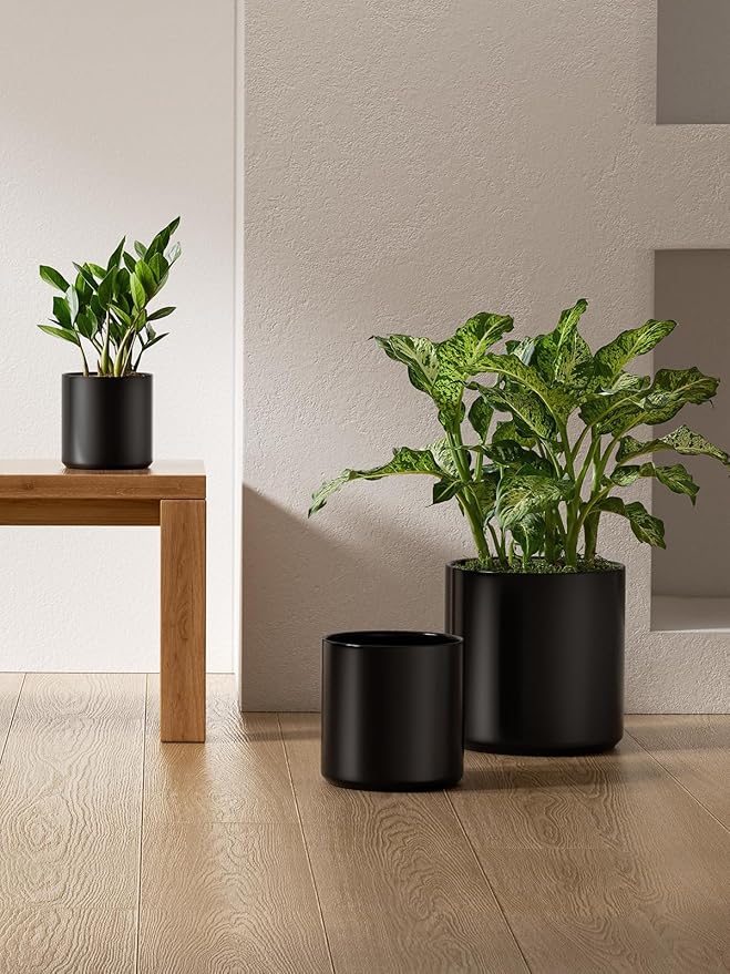 LE TAUCI Ceramic Pots for Plants, 10+8+6 Inch Indoor Plant Pots, Modern Planters for Indoor Plants Home Office, Cylinder Planters with Drainage Hole and Plug, Set of 3, Black