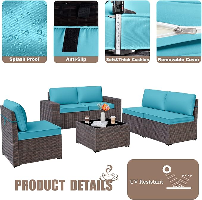 Kurapika 9 Pieces Patio Furniture Set, Rattan Wicker Sofa Set, Outdoor Conversation Sets w/Swivel Rocking Chairs Patio Sectional Sofa w/4 Inch Cushion, Blue