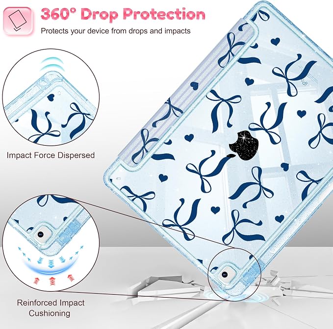 Mektron Sparkly Case for iPad 10.2 inch Glitter Tablet Cases for iPad 9th Gen 2021/8th Gen 2020/7th Gen 2019 Cover with Shiny Clear Back Shell Foldable Bling Smart Cover Blue Floral