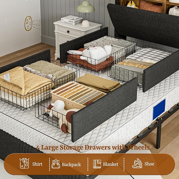 IKIFLY 49.2" Tall Twin XL Bed Frames with 4 Storage Drawers, Upholstered Wingback Hidden Storage Headboard with LED Lights & Charging Station, Solid Wood Slats, No Box Spring Needed, Black