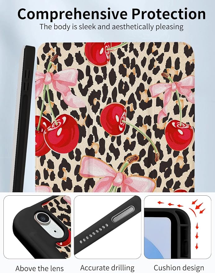 Case for iPad 9th/ 8th/ 7th Generation Case 10.2&amp10.5 Inch (2021/2020/2019 Release) Slim Lightweight Soft Trifold Back Cover with Pencil Holder &amp Auto Sleep/Wake Cover Cherries Cheetah Bows