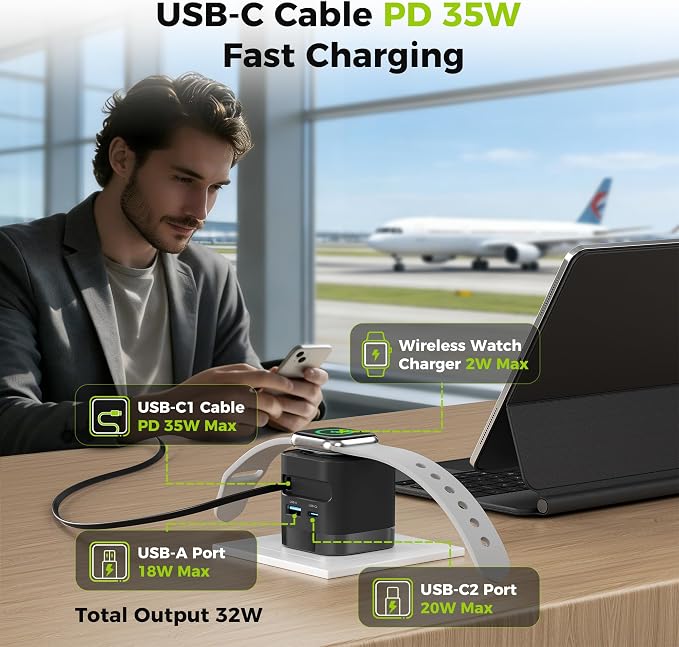 Charging Blocks for Apple Watch CHARCO 35W Retractable USB C Charger Block | 1 USB C and 1 USB A Wireless Smart Watch Charger with Foldable Plug Compatible with iPhone AirPods iWatch 1 Pack. With