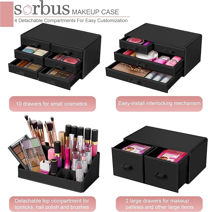 Sorbus Large Makeup Organizer - Stackable Jewelry & Makeup Organizer For Vanity, Bathroom Storage, Dresser - 12 Drawers Cosmetic Beauty Organizers and Storage with Lipstick, Makeup Brush Holder