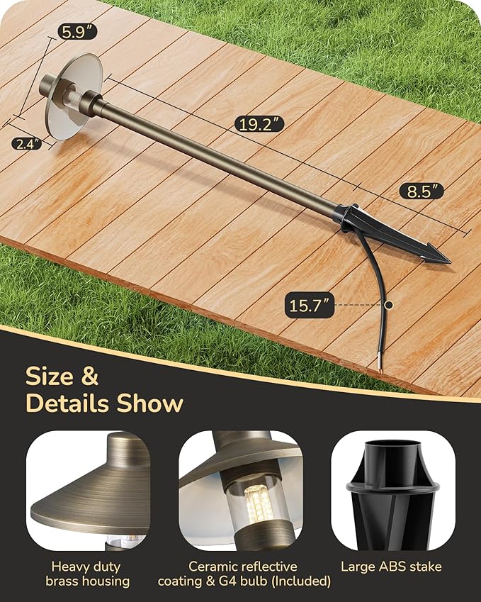 EDISHINE Solid Brass Low Voltage Pathway Lights Wired, 22" Tall 6" Shade, 4Pack Heavy Duty LED Landscape Lighting with G4 Bulb, 12V 350LM 3000K Waterproof Outdoor Landscape Path Light with Large Stake