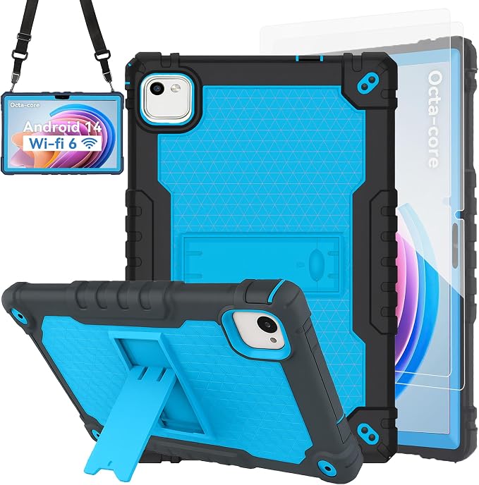 for HNVHNV/Aiprotablet/kelankeke K10 Tablet 10 inch Android Tablets Case Built in Kickstand Heavy Duty Hybrid Protective Case Hard Back Shell Case with Shoulder Strap (Black)