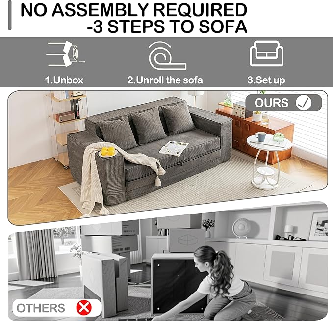 HOMREST 76" Convertible Memory Foam 3-seat Sofa, Pull Out Sleeper Sofa Bed, 2 in 1 Folding Couch Bed, Fold Out Floor Couch Corduroy Fabric with 3 Pillows for Living Room Bedroom Lounge (Grey)
